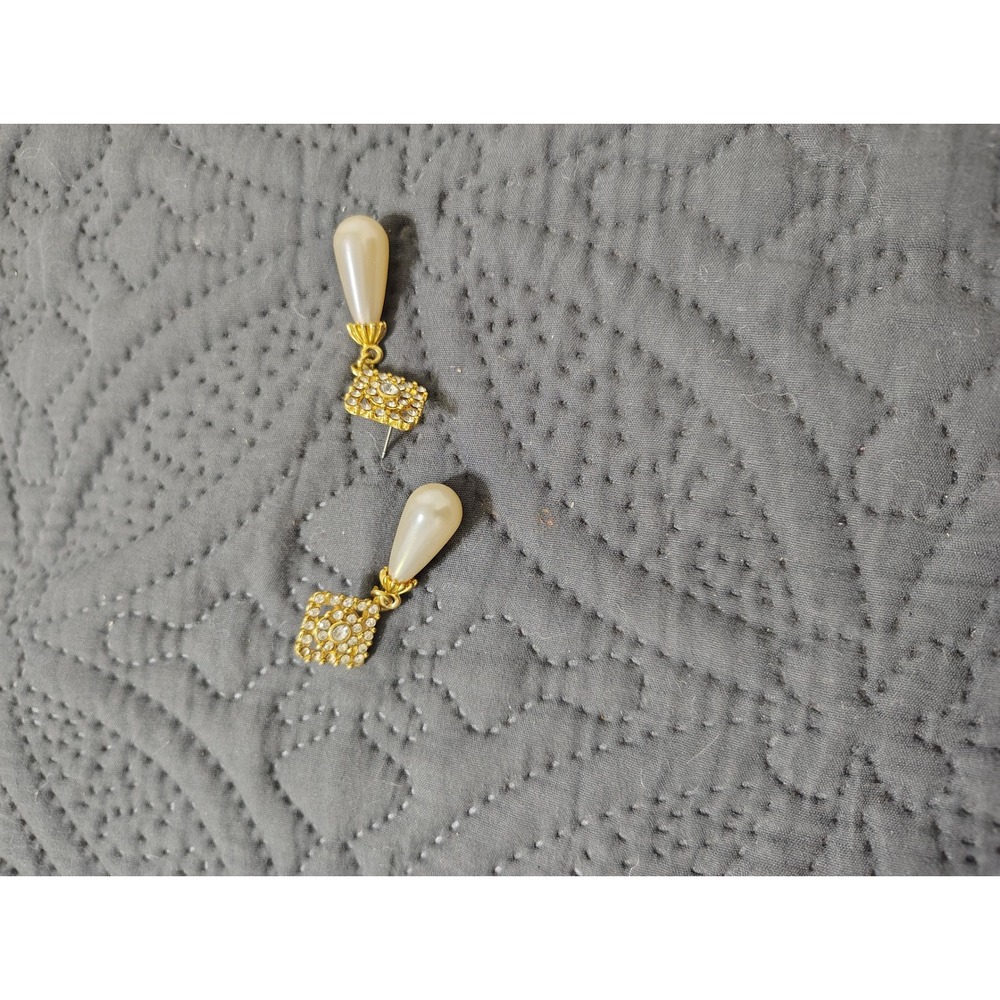Vintage Gold Tone Faux Pearl Rhinestone Square Drop Dangle Post Earrings Wedding
